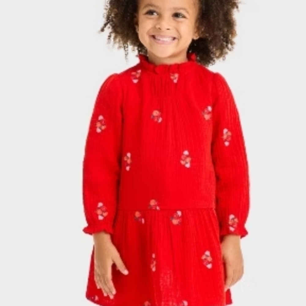 Cat & Jack Toddler Girls' Long Sleeve Floral Embroidered Printed Dress Red - Picture 3 of 6